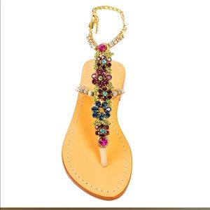 BNWOT PASHA Czech Crystal Jeweled Gold Multicolored Ankle Chain Sandals